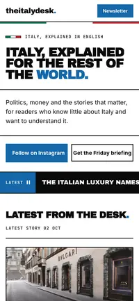 La home di The Italy Desk vista da telefono